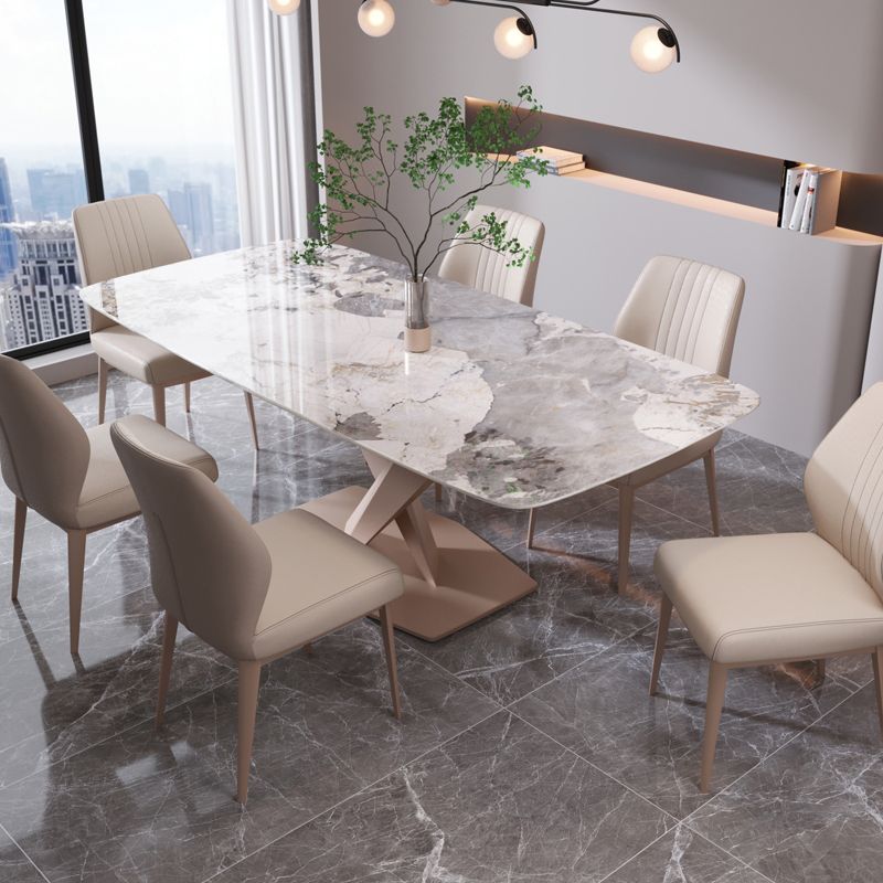 Contemporary Rectangle Sintered Stone Top Metal Base Dining Table with Chairs