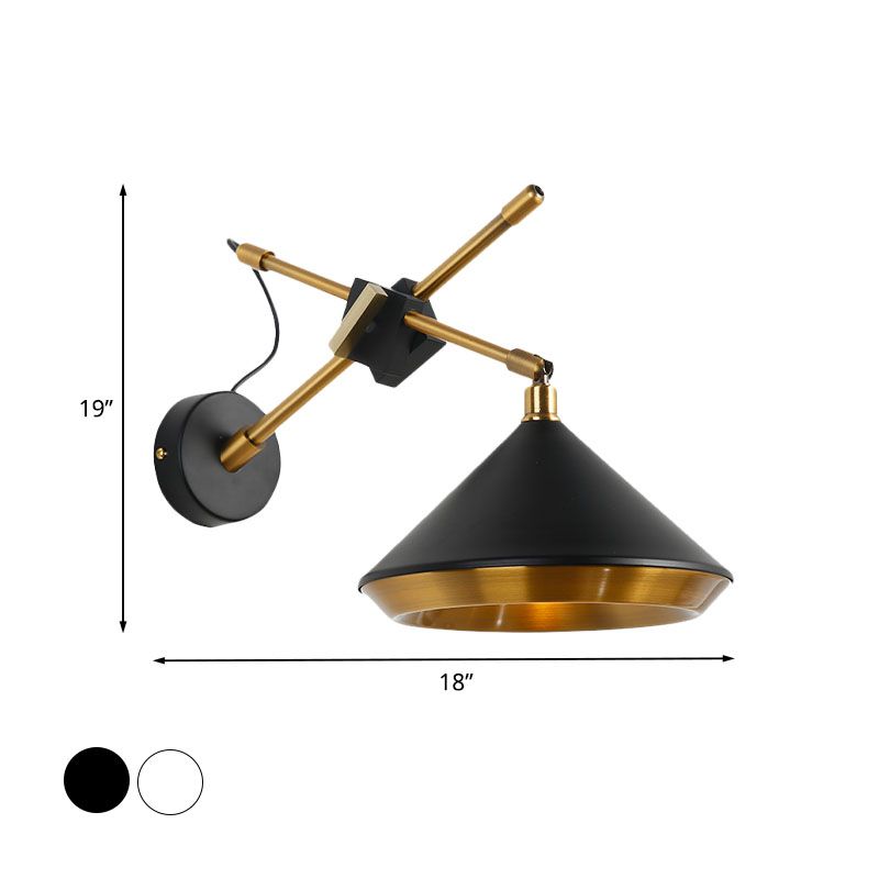 Retro Conical Swivelable Wall Light 1 Head Iron Sconce Lighting in Black/White and Brass Inner with X Arm