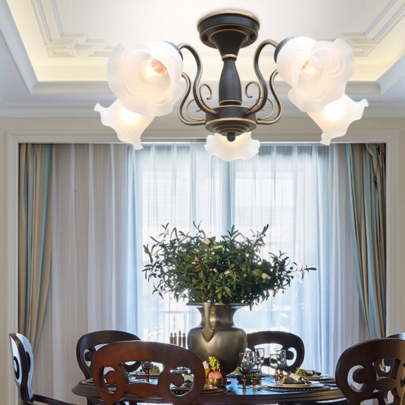Country Style Floral Semi Flush Mount Frosted White Glass Ceiling Lamp for Dining Room