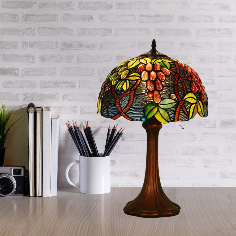 Coffee Half-Globe Table Lamp Tiffany Style 1-Light Stained Glass Nightstand Light with Fruit Pattern
