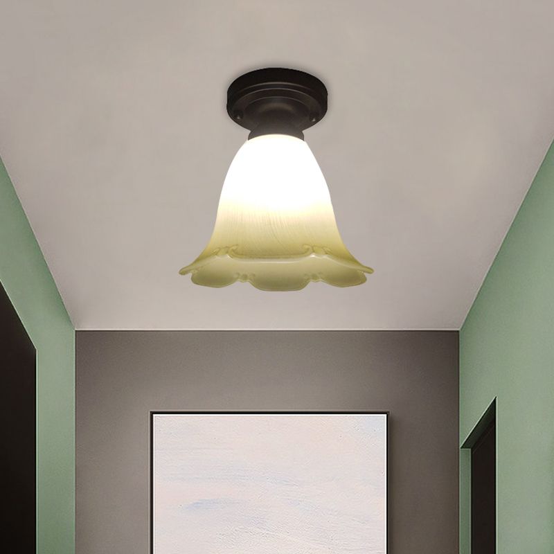 Single Head Flush Lamp Cottage Flower White Glass Ceiling Flush Mount Light in Black