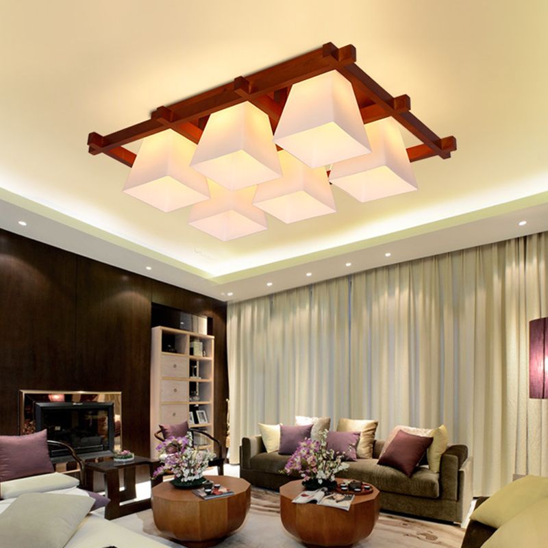 Red Brown Checkered Ceiling Fixture Modern Wooden Flush Mount Light with White Glass Shade