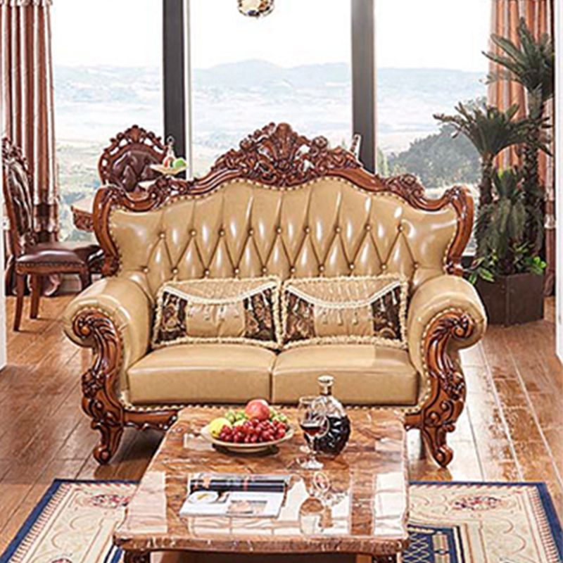 Mid Century Modern Genuine Leather Tufted Back Rolled Arm Sofa For Living Room