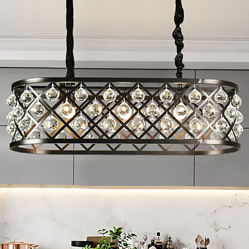 3 Lights Dining Room Chandelier Lamp with Oval Crystal and Metal Shade Vintage Black Ceiling Light