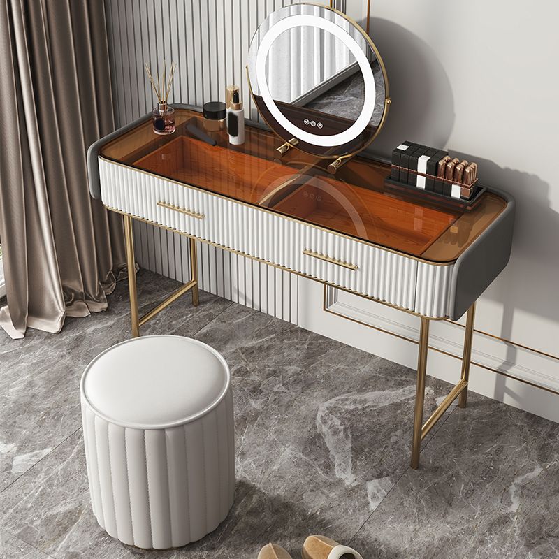 Glam Glass Top Vanity Makeup Table Stool Set with Storage Drawers