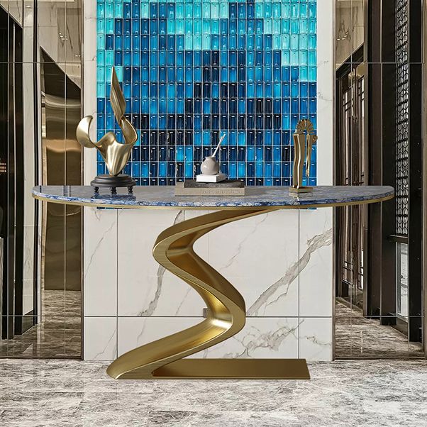 Glam Blue Console Table Half Moon Console Sofa Table for Hall