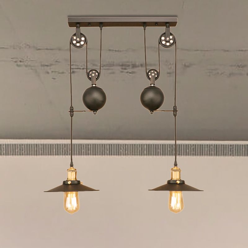 Wrought Iron Black Finish Pendant Light Fixture Flat Shade 2 Bulbs Antique Style Ceiling Light for Living Room