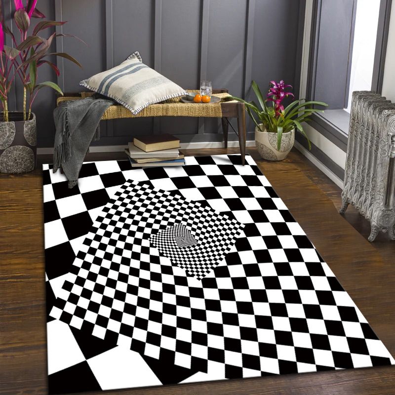 Black Modern Rug Polyester Grating Print Rug Stain Resistant Rug for Living Room