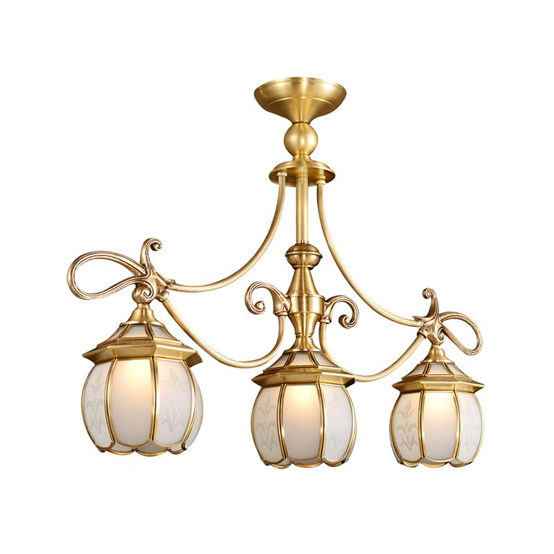 Colonialist Lantern Island Light Fixture 3-Light Ivory Glass Suspension Pendant in Gold for Dining Room