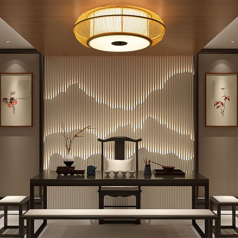 Plafonnier beige en bambou en forme de tambour, plafonnier encastré de style asiatique