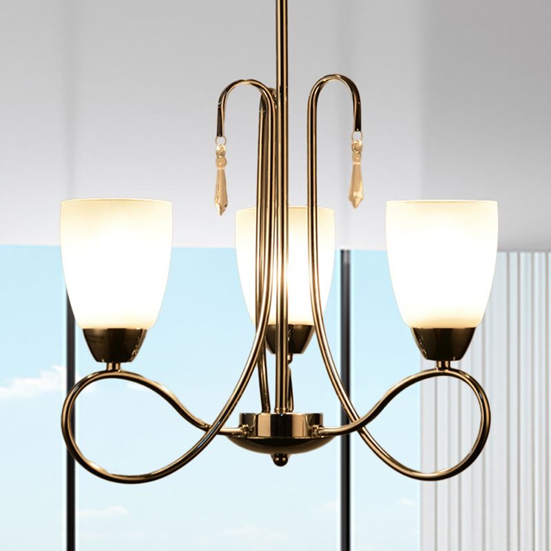 Pasillo de lámpara de araña de campana 3 cabezas contemporáneas de vidrio blanco colgante luz de techo con cristal deco en plata