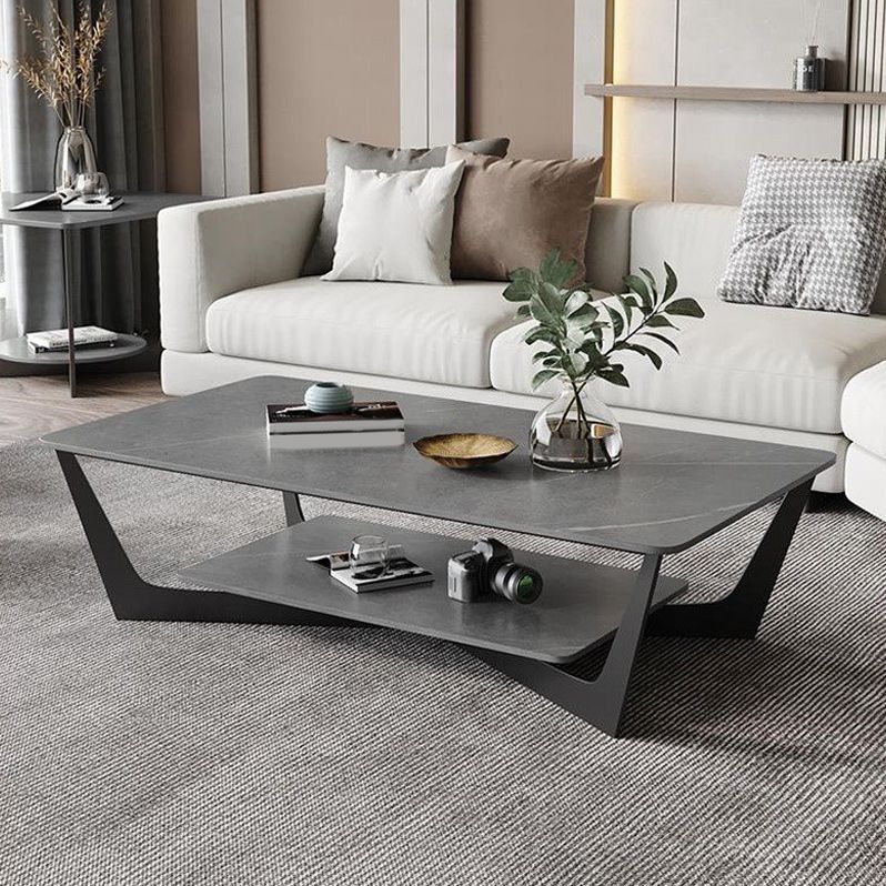 15.7" H Rectangle Slate Coffee Table Metal 4 Legs Cocktail Table with Shelf