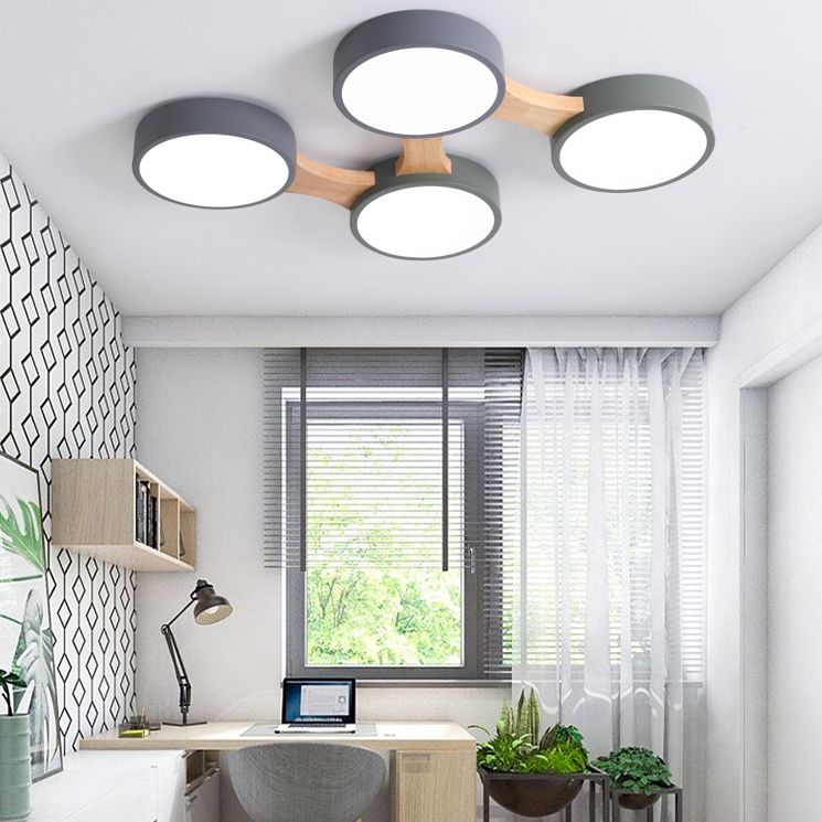 Plafonnier LED Macaron en bois de style créatif moderne, plafonnier circulaire en fer forgé avec abat-jour en acrylique