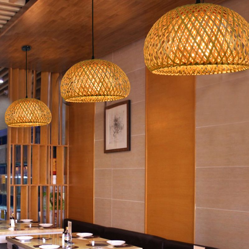 Asian Weaving Style Curved Drum Pendant Lighting Fixtures Rattan 1 Light Suspension Pendant
