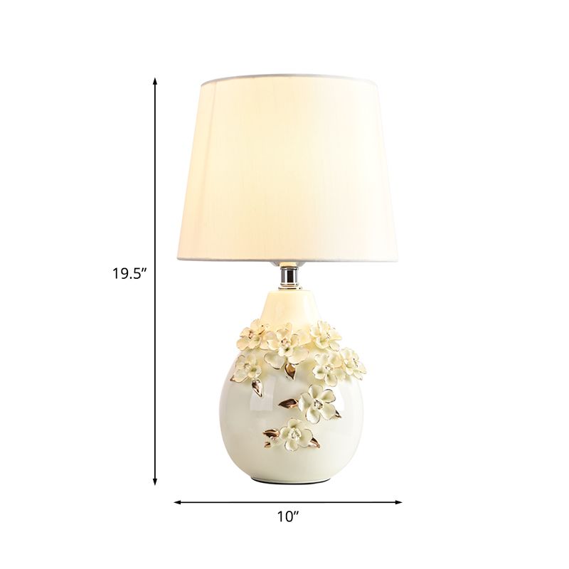 Ceramic White Table Lamp Magnolia-Embellished Vase Single Traditional Night Light with Shade, 18"/19.5" Wide