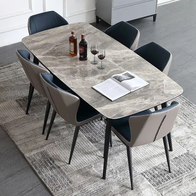 Mesa de comedor rectangular contemporánea de metal mesa de piedra sinterizada gris con patas de metal