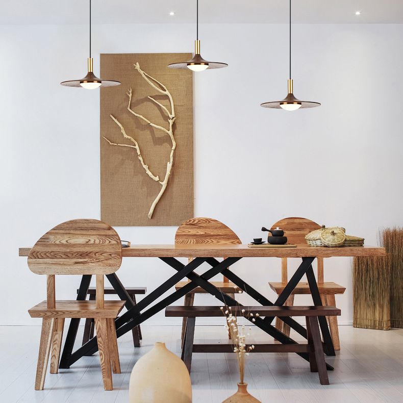 Wide Flared Walnut Wood Suspension Lamp Minimalist Dark Brown LED Pendant Lighting Fixture