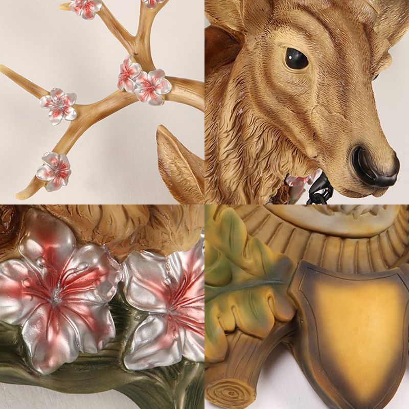1 Light Resin Wall Lighting Country White/Yellow/Brown Deer Living Room Sconce Light Fixture with Teardrop Crystal Shade