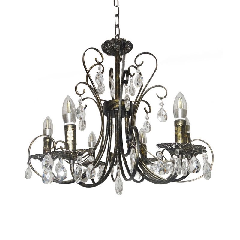 Bronze Curved Candle Chandelier French Style 6 Lights Iron Ceiling Lighting with Crystal Accent