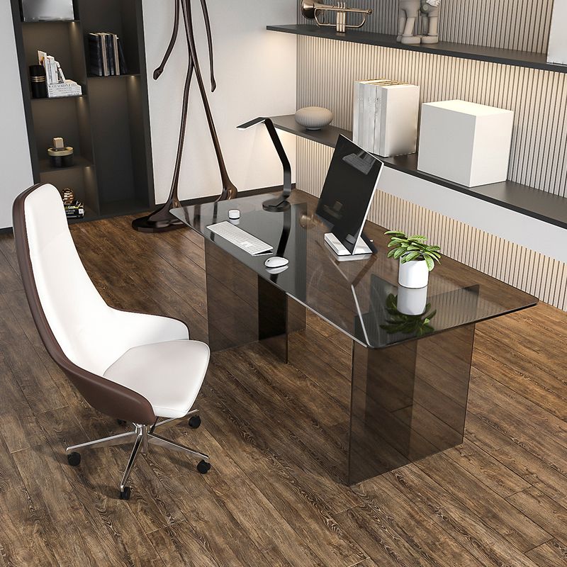 Glass Contemporary Rectangular Dining Table Clear Glass Table with Double Pedestal