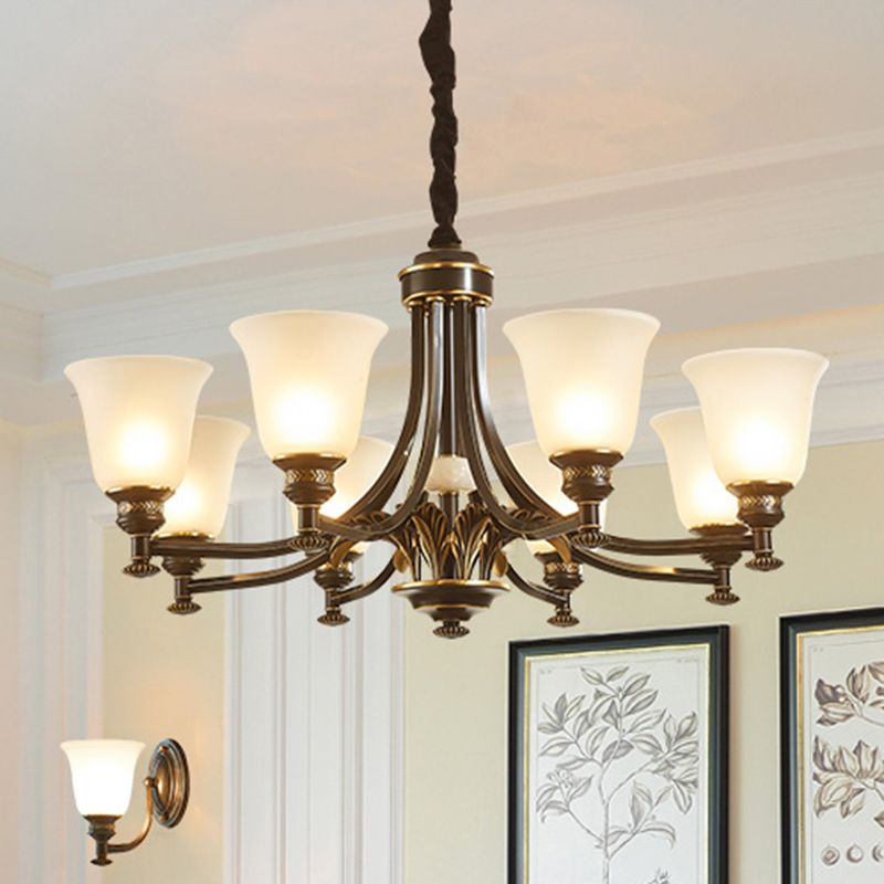 Flared Frosted Glass Suspension Light Rustic Living Room Chandelier Light in Black