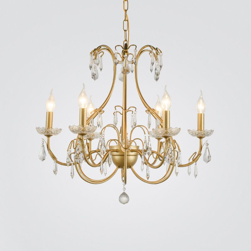 Messing Tränendrop Kronleuchter Lampe Land Metall 8 Glühbirnen Wohnzimmer Anhänger Light Kit mit baumelnden Kristall