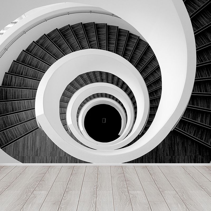 Mesmerizing Swirly Stairs Wall Mural Decal for Living Room, Black and White, Custom Size