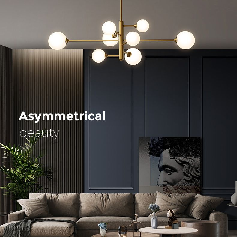 Contemporary Simplicity Molecular Chandelier White Glass Orb Brass Hanging Light for Dining Room