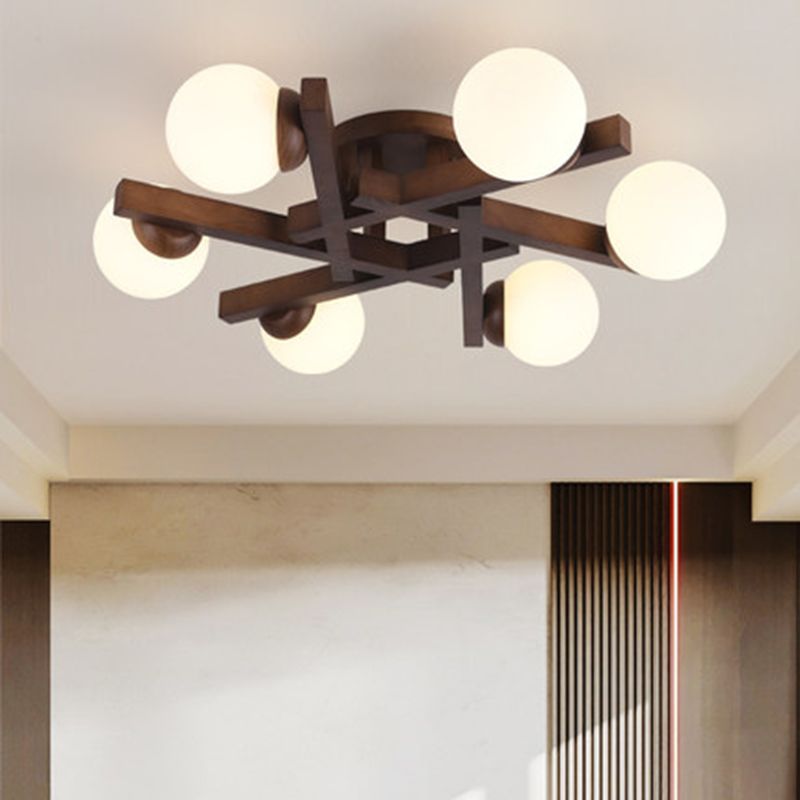 Sphere Wood Semi Flush Mount , Glass Ball Shade Ceiling Semi Flush with 5 / 6 / 8 Lights