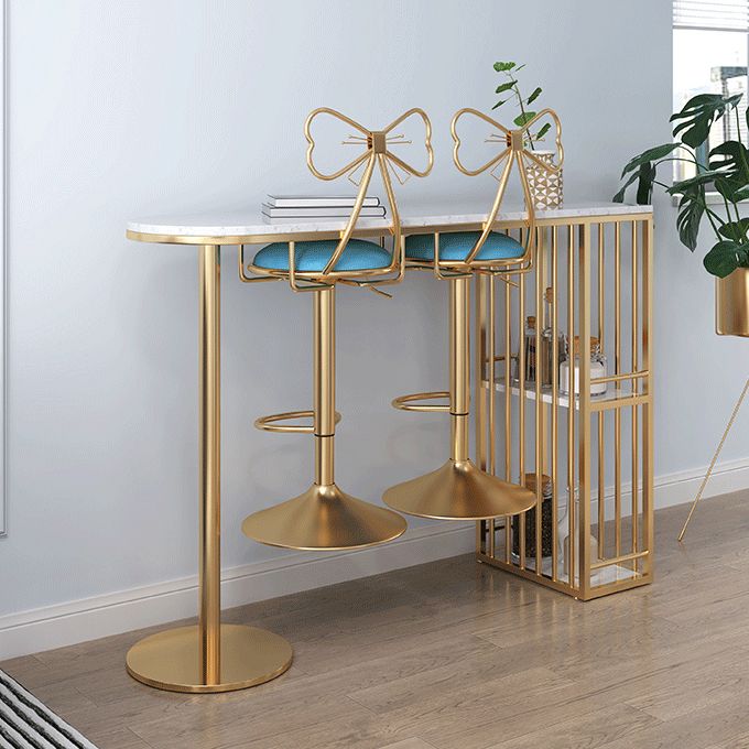 Glam White Faux Marble Pub Bar Table Iron Double Pedestal Bar Dining Table with 2-Shelf