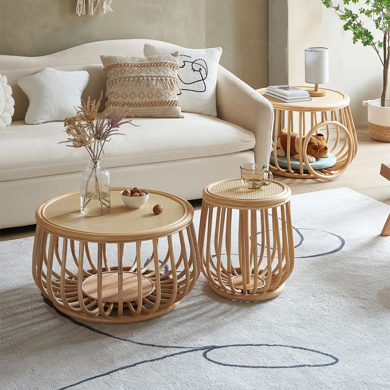 Asian Drum End Table Round Rattan Accent Side Table with Storage