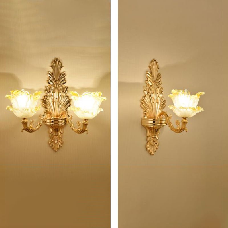 Gold Wall Mount Light Retro Glass Floral Shade Wall Lighting with Hanging Crystal