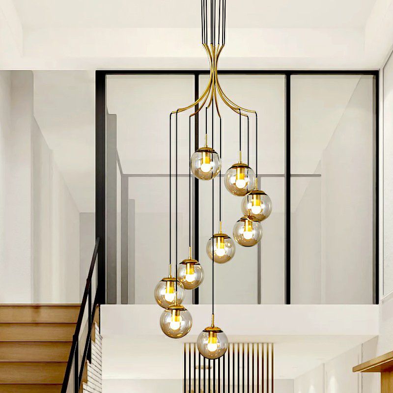 Cognac Glass Ball Pendant Lighting Postmodern Gold Multi Hanging Light Fixture for Villa