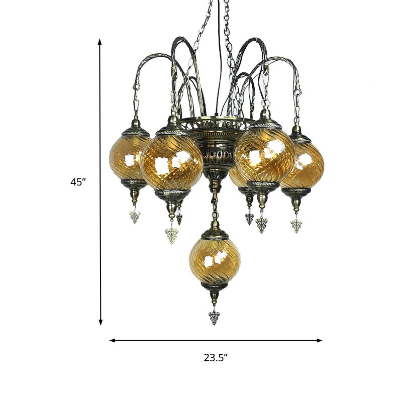 Globe Chandelier Vintage Amber Swirl Glass 7 Bulbs Pendant Light Fixture for Coffee House