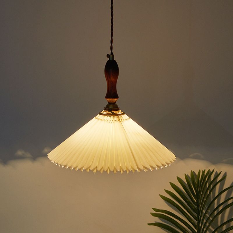 Pleated Fabric Conical Pendant Lamp Minimalist 1-Light Beige Hanging Light for Dining Room