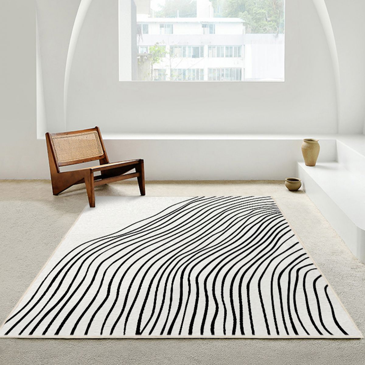 White Tone Casual Area Rug Polyester Lines Print Rug Non-Slip Backing Indoor Rug for Living Room