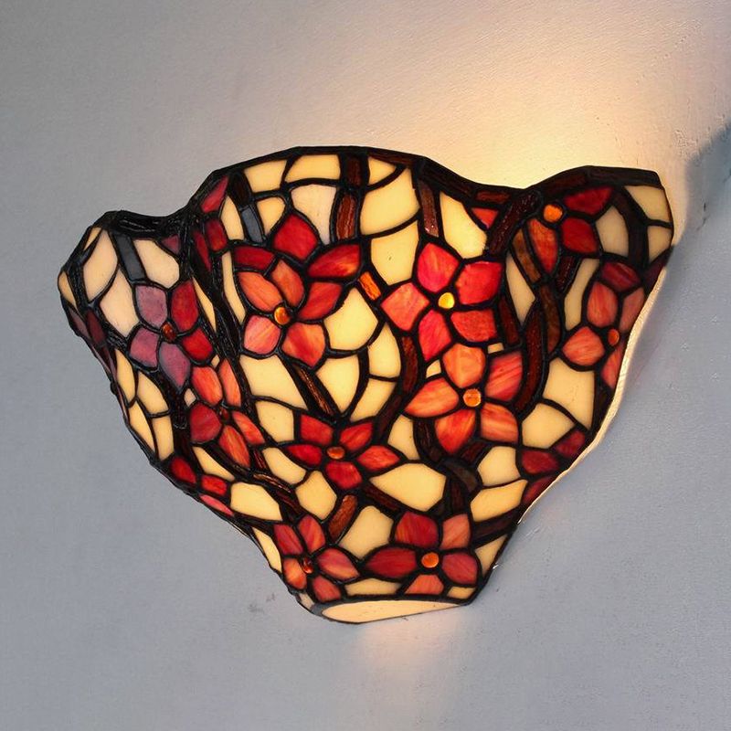Floral Front Door Wall Sconce Stained Glass Tiffany Rustic Wall Light in Black and Red