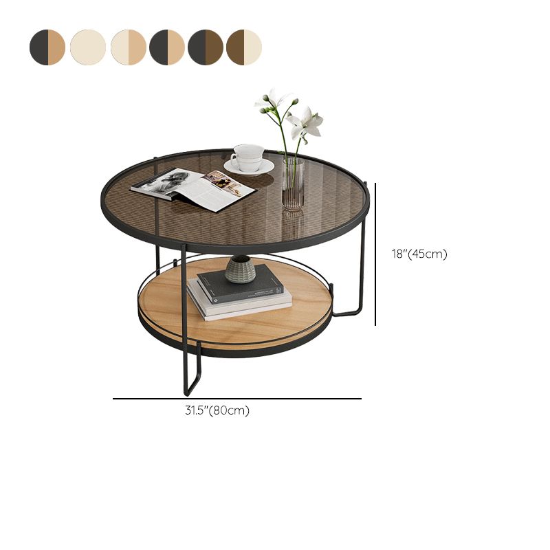 Round Glass Top Coffee Table 17.7" H Iron 3 Legs Cocktail Table with Shelf