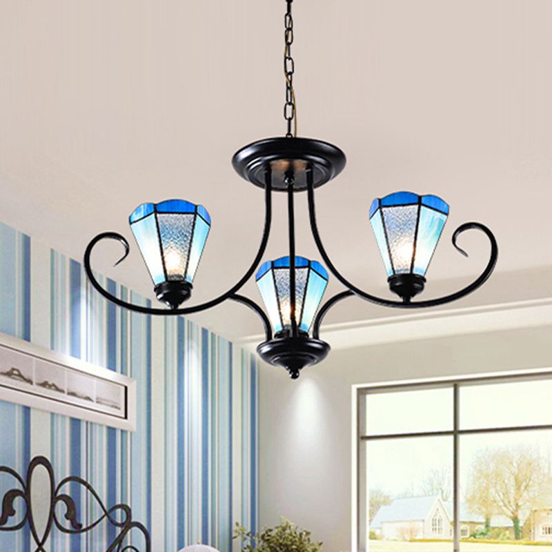 Black 3/6/8 Lights Ceiling Chandelier Baroque Blue Frosted Glass Cone Ceiling Pendant Light, 18"/27.5"/32.5" W