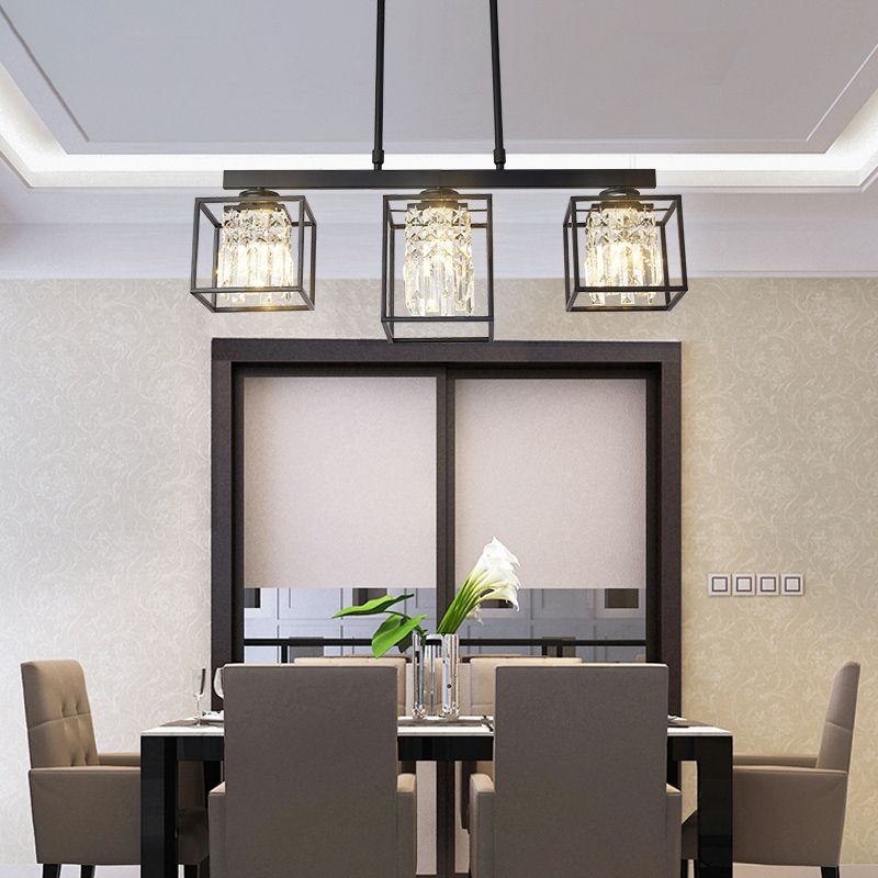 Tri-Sided Crystal Rod Black Hanging Ceiling Light Square 3/4 Heads Contemporary Island Lamp