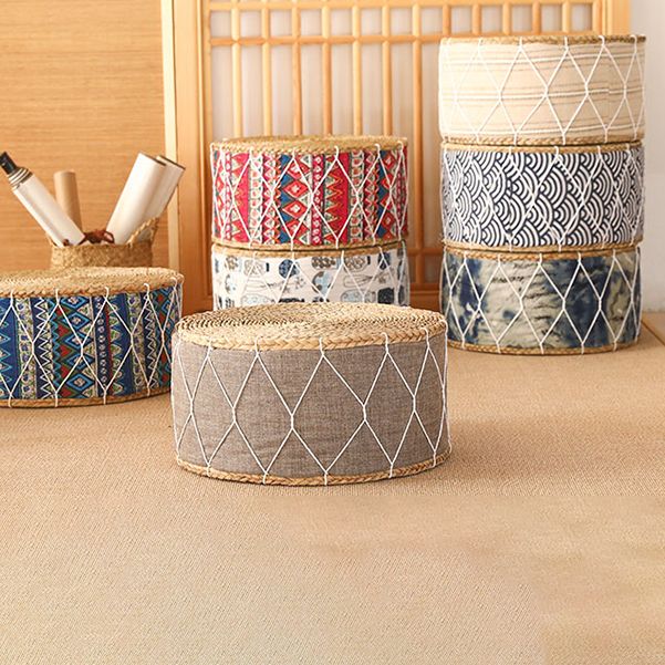 Traditional Poof Tribal Pattern Cylinder Shape Rattan Tear Resistant Pouf