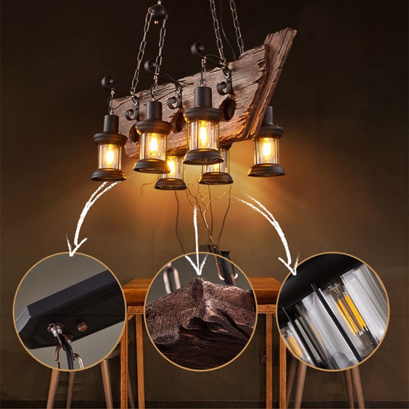 Wrought Iron Adjustable Island Pendant Light in Industrial Vintage Style Wooden 6-Light Ceiling Light for Dining Room