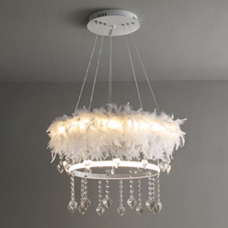 Tapered Feather Chandelier Pendant Nordic LED Hanging Light Fixture with Crystal Decor for Dining Room