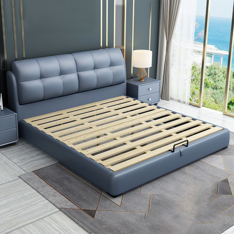 Contemporary Faux Leather Standard Bed, Blue Upholstered Headboard Bed