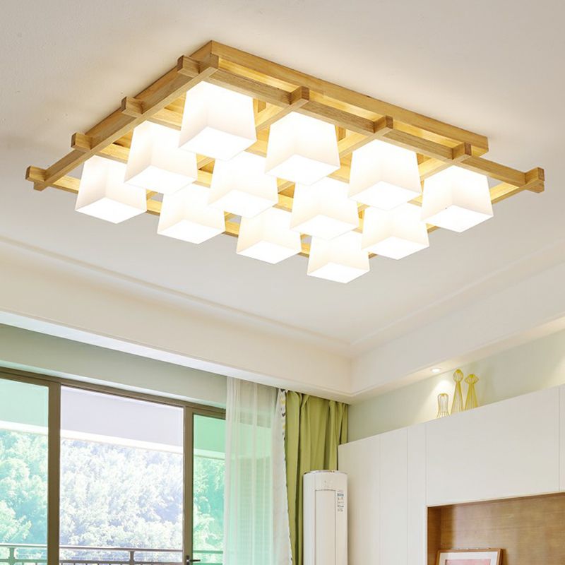 White Glass Cube Ceiling Flush Light Modern Style Semi Flush Mount Lighting with Wood Grid