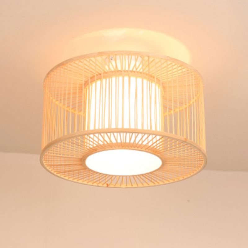 Beige Cylindrical Ceiling Mounted Light Asia Style Bamboo Bedroom Ceiling Lighting