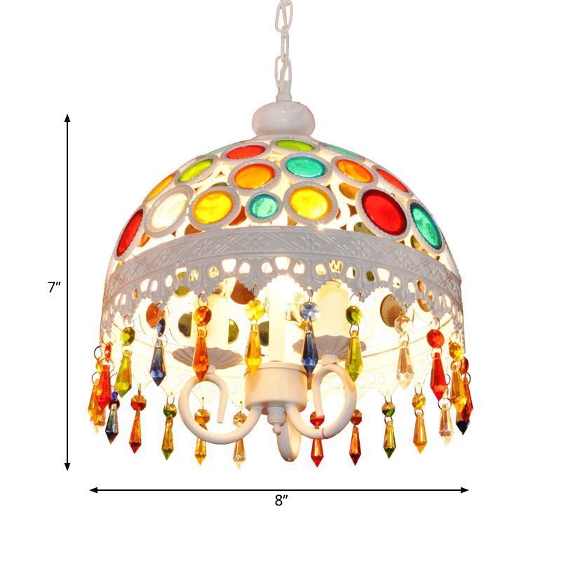 3 luces iluminación de lámpara de domo con lámpara colgante de bohemia de cuentas de cristal múltiples en acabado blanco