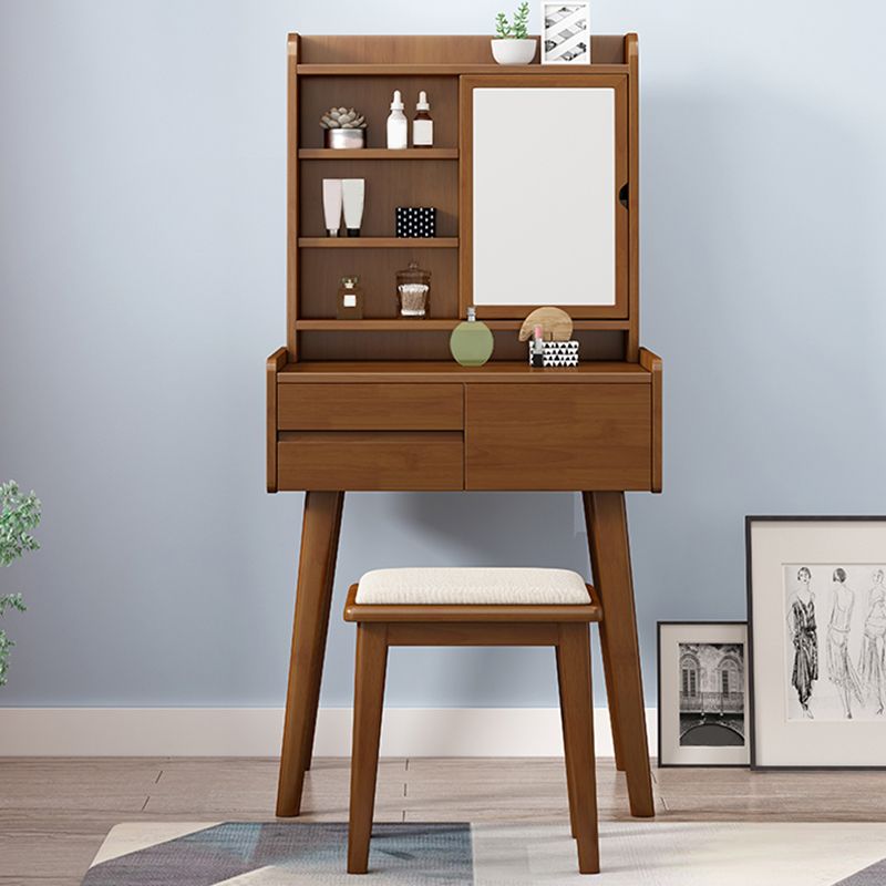 Solid Wood Vanity Table Set 3-Drawer Makeup Vanity Table with Mirror and Stool