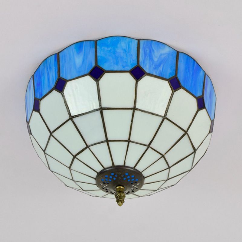 2 Kopfschlafzimmer Deckenmontage Aufsatz traditionellen blau/gelb Unterputzleuchte mit Schüssel gebeizt Glas Schatten