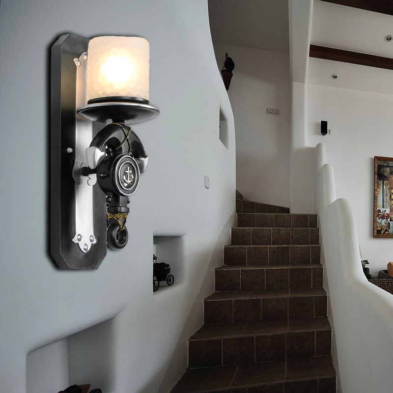 1 Head Indoor Wall Sconce Lamp Nautical Style Blue/White Wall Lighting with Cylinder Opal Glass Shade and Anchor Design